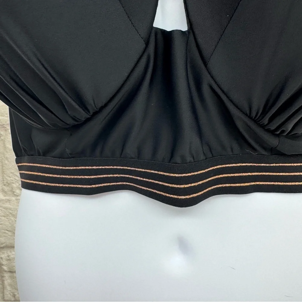 Cacique Lane Bryant Black Strappy Rose Gold Metallic Underwire Swim Top 46D EUC